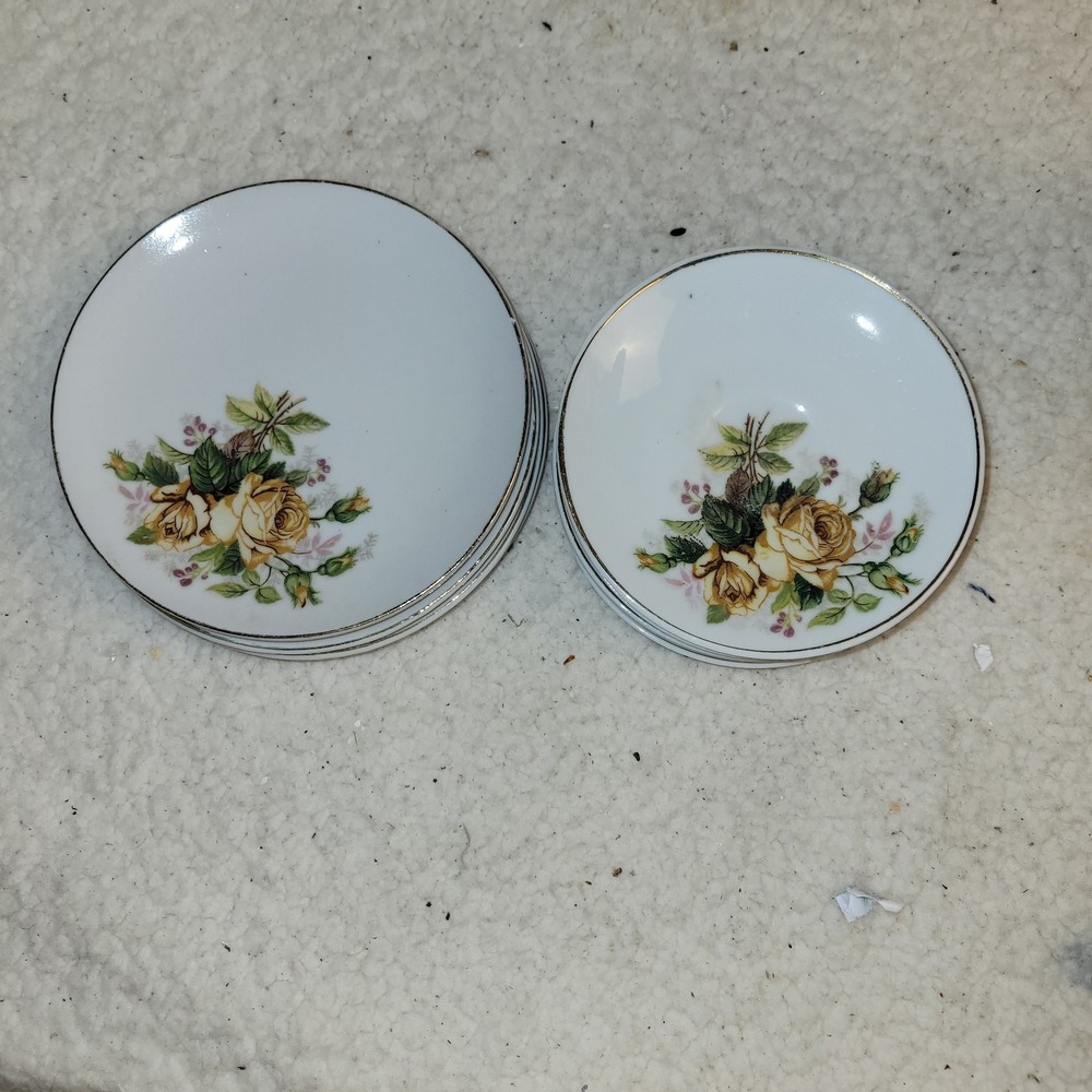 Vintage Made in Japan Yellow Rose Floral‎ Saucers Gold Rim Tea Plates Set of 9